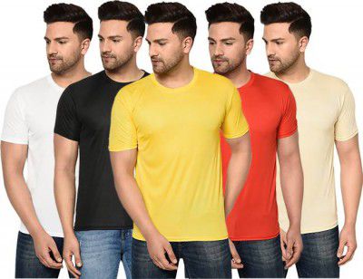 InkTees  Pack of 5 Men Solid Round Neck Polyester Multicolor T-Shirt