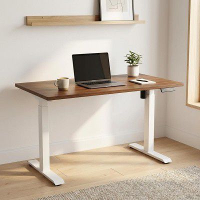 INNOWIN Think Height Adjustable Table for Office Work | 80Kg Weight Capacity | Advance Memory Present | 3 Years Limited Warranty | Installation Provided | Dark Acacia | 48*24 Inches Top | MATT WHITE