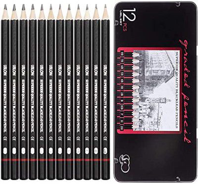 INOVERA 12 Set Professional Drawing Art Sketch Graphite Pencils With Metal Case 2H, H, F, HB, B, 2B, 3B, 4B, 5B, 6B, 7B, 8B
