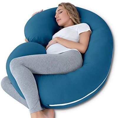 INSEN Pregnancy Body Pillow with Jersey Cover,C Shaped Full Body Pillow for Pregnant Women, Jersey Knit Cover /Full Size, Polyester, Blue