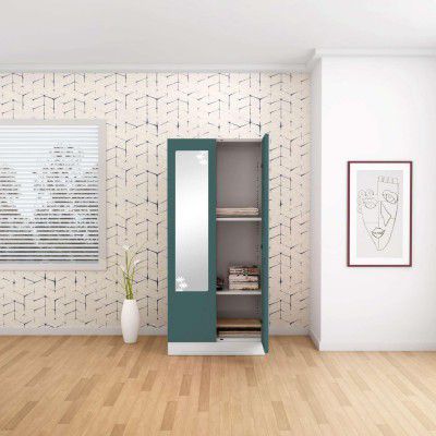 Interio by Godrej Almirah Slimline 2-Door Steel Almirah, Cupboard for Clothes (Textured Sea Pine), 1-Year Warranty, 2 Shelves and Star Design Mirror