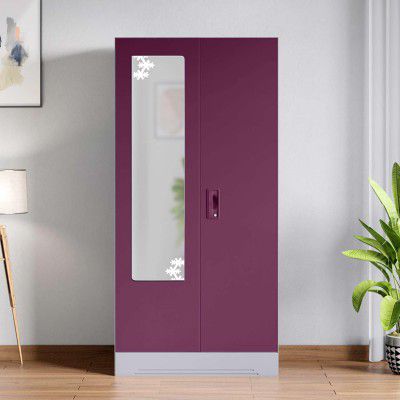 Interio by Godrej Almirah Slimline 2-Door Steel Almirah, Cupboard for Clothes (Purple), 1-Year Warranty, 1 Locker, 4 Shelves and Star Design Mirror