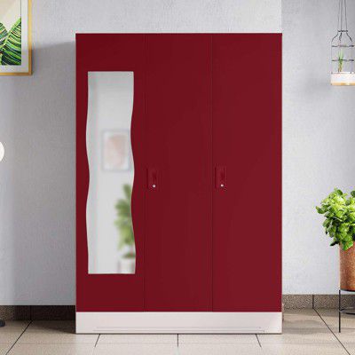 Interio by Godrej Almirah Slimline 3-Door Steel Almirah, Cupboard for Clothes (Textured Caremine Red), 6 Shelves, 1 Locker, 2 Drawers, Curvilinear Mirror