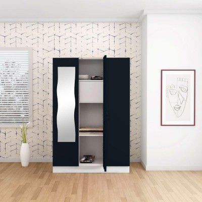 Interio by Godrej Almirah Slimline 3-Door Steel Almirah, Cupboard for Clothes (Pacific Blue), 1-Year Warranty, 7 Shelves, 1 Locker, Curvilinear Mirror