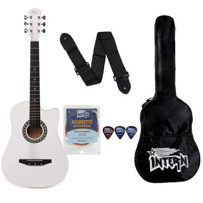 Intern 38C Acoustic Steel-string Guitar Premium White Cutaway Design with carry bag strings guitar strap and plectrums (INT-38C-WH)