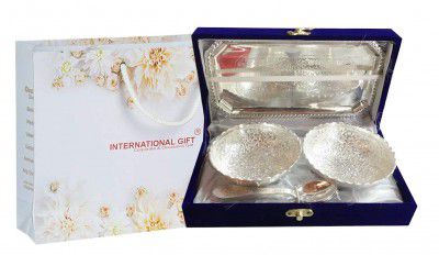 INTERNATIONAL GIFT German Silver Brass Two Bowl with Two Spoon and with Single Tray with Beautiful Velvet Box Packing with Carry Bag Uses for Dry Fruit | Chocolate | Sweet | HomeDecor