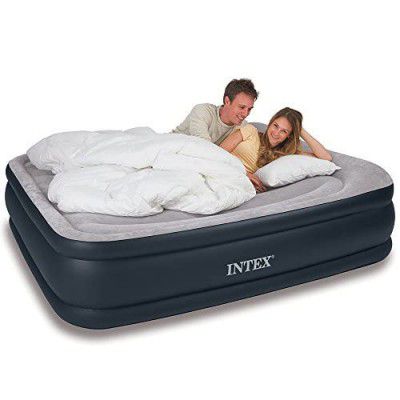 Intex Deluxe Pillow Rest Raised Queen Airbed with Soft Flocked Top with Built-in Pillow and Electric Pump for Comfort (Height 16.75)