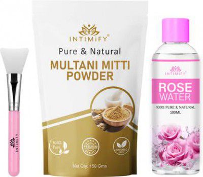 INTIMIFY Pure Multani Mitti Powder 150gm+Rose Water 100ml, With Applicator Brush Combo  (250 g)
