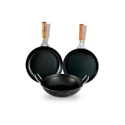 IRONIUM Iron Sheet Metal Set of 3 Pcs (Kadai 24cm Dia, Dosa Tawa 23cm Dia & Frying Pan 24cm Dia)