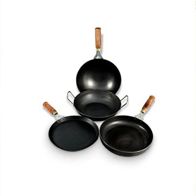 IRONIUM Iron Sheet Metal Set of 4 Pcs (Wok 24cm Dia, Dosa Tawa 23cm Dia, Frying Pan 24cm Dia & Kadai 24cm Dia)