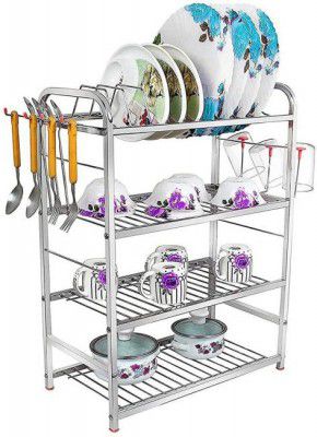 Irontech Utensil Kitchen Rack Steel Stainless Steel 4 Layer Wall Mount Kitchen Rack with Plate & Cutlery Stand