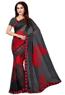 Ishin Poly Georgette Black Printed Womens Saree/Sari With Lace