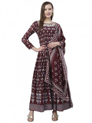 ishin Women's Brown Printed Jewel Neck Anarkali Kurta Set with Dupatta