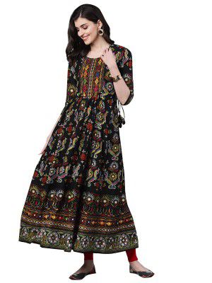 ishin Womens Cotton Anarkali Printed Mirror Work Ethnic Motifs Print Black Kurti