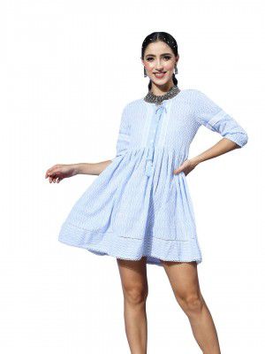 ishin Women's Cotton Blue Embroidered A-Line Dress