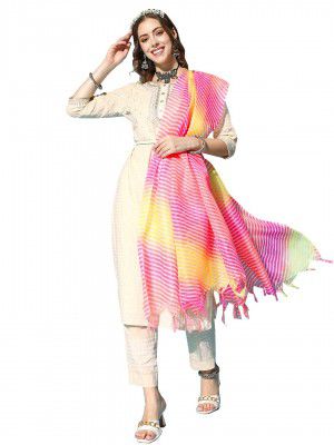 ishin Women's Cotton Cream Embroidered A-Line Kurta set With Trouser & Dupatta