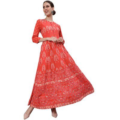 ishin Women's Cotton Ethnic Motif Printed Panelled Anarkali Kurta
