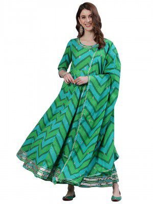 Ishin Womens Cotton Green Embroidered Anarkali Kurta with Dupatta