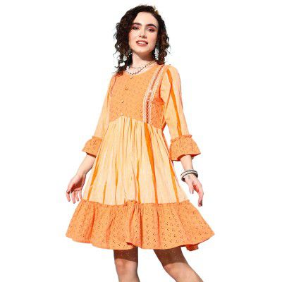ishin Women's Cotton Orange Lurex Embellished Knee-Length A-Line Dress