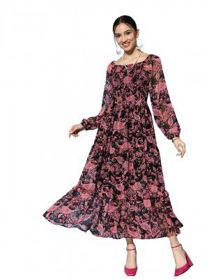 ishin Women's Georgette Black & Pink Printed Fit & Flare Maxi Dress