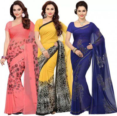 ishin Womens Georgette printed saree Pack of 3