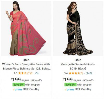 ishin Women's Georgette Saree upto 90% Off + 5% Coupon