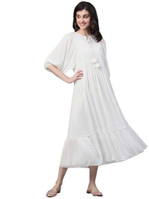 ishin Women's Maxi Rayon Lurex Embroidered Ruffle Dress