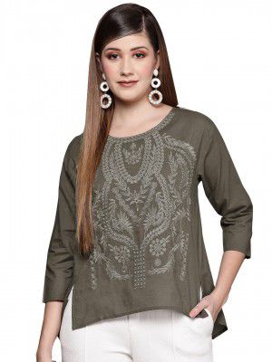ishin Women's Olive Embroidered High-Low Top