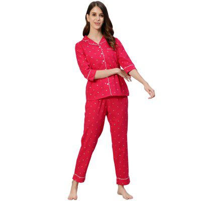 Ishin Womens Pink Pure Cotton Block Printed Night Suit