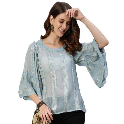 ishin Women's Poly Georgette Blue Lurex Embroidered A-Line Top