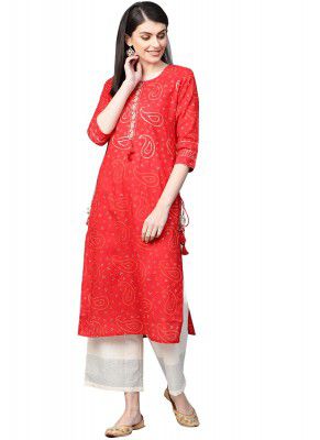 ishin Womens Pure Cotton Red Zari Embellished A-Line Kurta