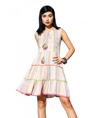 ishin Women's Rayon Embroidered A-Line Striped Mini Dress