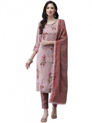 ishin Women's Silk Blend Embroidered A-Line Kurta Trouser Dupatta Set