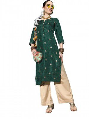 ishin Women's Silk Blend Green Embroidered Embroidered A-Line Kurta