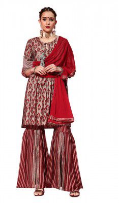 ishin Women's Silk Blend Grey & Maroon Embroidered Anarkali Peplum Kurta Set with Sharara and Dupatta