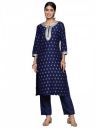ishin Women's Silk Blend Printed Navy Blue Straight Kurta Suit Set with Pants...