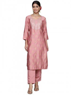 ishin Women's Silk Blend Printed Pink Straight Kurta Suit Set with Pants