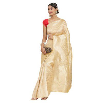 ishin Womens Silk Cotton Off White Woven Design Saree With Blouse Piece