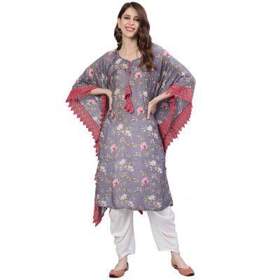 ishin Women's Silk Kaftan Embroidered Thread Work Floral Print Purple Kurti