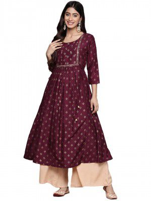 ishin Womens Silk Teal Embellished Foil Print A-Line Flared Kurta