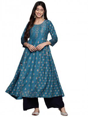 ishin Women's Silk Teal Embellished Foil Print A-Line Flared Kurta