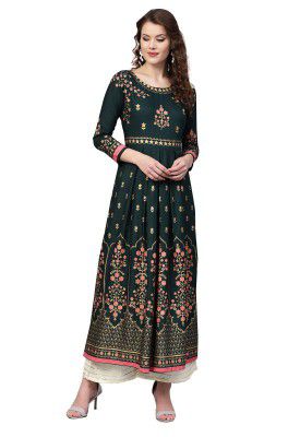 ishin Women's Viscose Rayon Anarkali Printed Floral Print Green Kurti