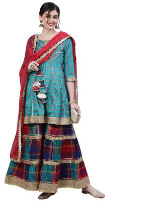 ishin Womens Viscose Rayon Embroidered Gotta Patti Blue Checked Print A-Line Kurta Suit Set with Dupatta & Sharara