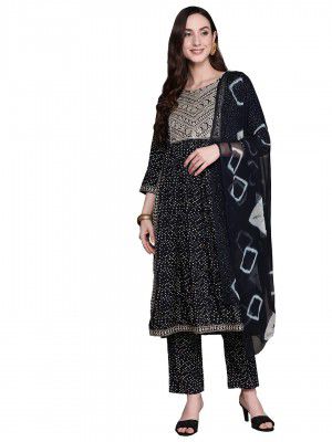 ishin Womens Viscose Rayon Navy Blue Ethnic Motifs Embroidered Sequinned A-Line Kurta suit set with Trousers & Dupatta