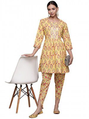 ishin Women's Yellow Embellished Pleated Kurta Set with Dhoti Pant
