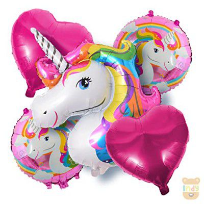 ITAF Set Of 5 Pcs Happy Birthday Unicorn Theme Foil Balloons Decoration Kit For KIds / One year Celebration Theme - 1 Unicorn Foil Balloon ,2 Pink Heart Foil Balloons , 2 Unicorn Printed Round Foil Ba