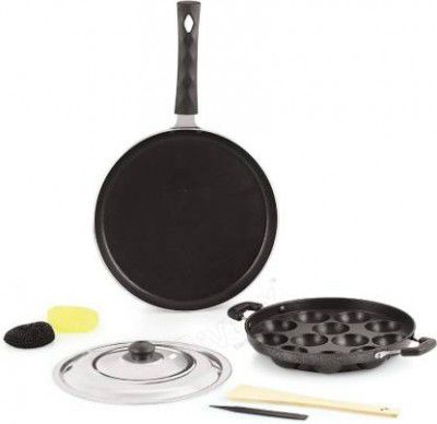 iVBOX Breakfast-Combo Appam Maker Pan and Dosa Tawa 25cm (No Induction Bottom) Paniarakkal Set with Lid 2 L capacity 24 cm diameter (Aluminium, Non-stick)