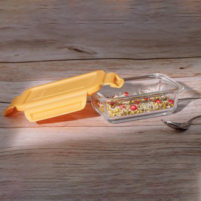 IVEO Borosilicate Glass Container, Fresh Nano | Microwave Safe Mini Food Container | 180 ml, Rectangle,1 Pc,Yellow