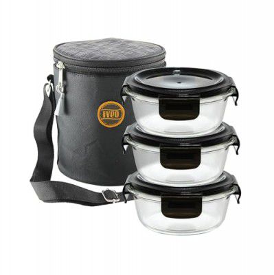Iveo Borosilicate Glass Container Tiffin, Dine Fresh | Microwave Food Container | Lunch Box | for Carrying and Storing Food | Air Tight | Leak Proof Food Storage | 400 ml, Round, 3 Pc,Black