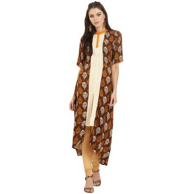 IVES Women's Viscose 3/4 Sleeve Rayon Ethnic Kurta (Brown & White)